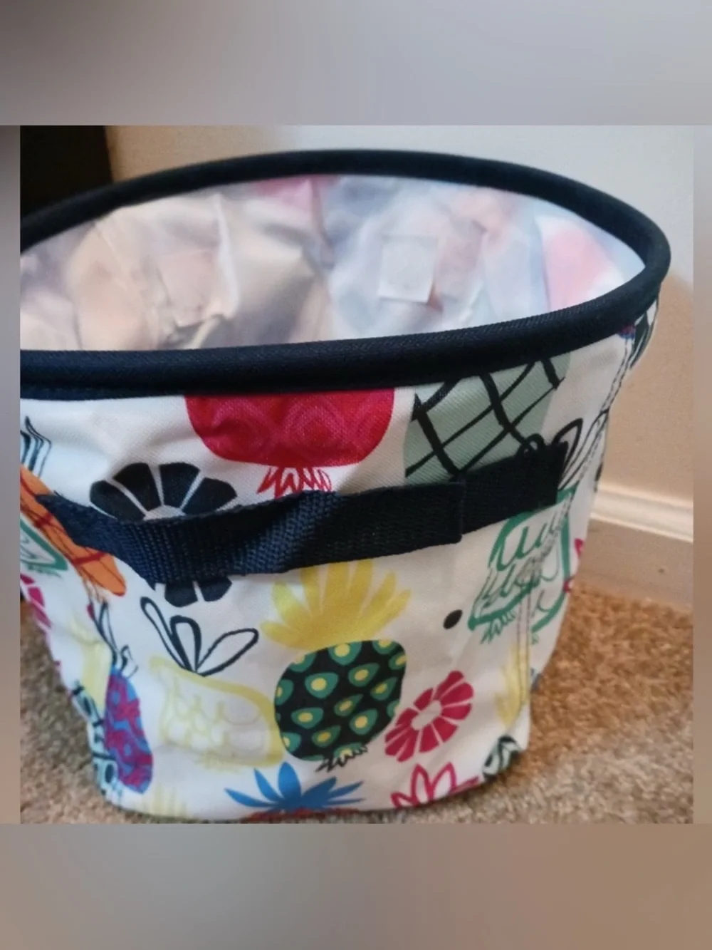 Set/Bundle- Thirty-One Tropical Pineapple Storage Bin & Striped Pouch